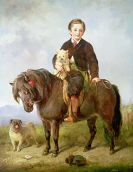 John Samuel Bradford als Junge auf einem Shetlandpony mit einem Mops, 19. Jahrhundert